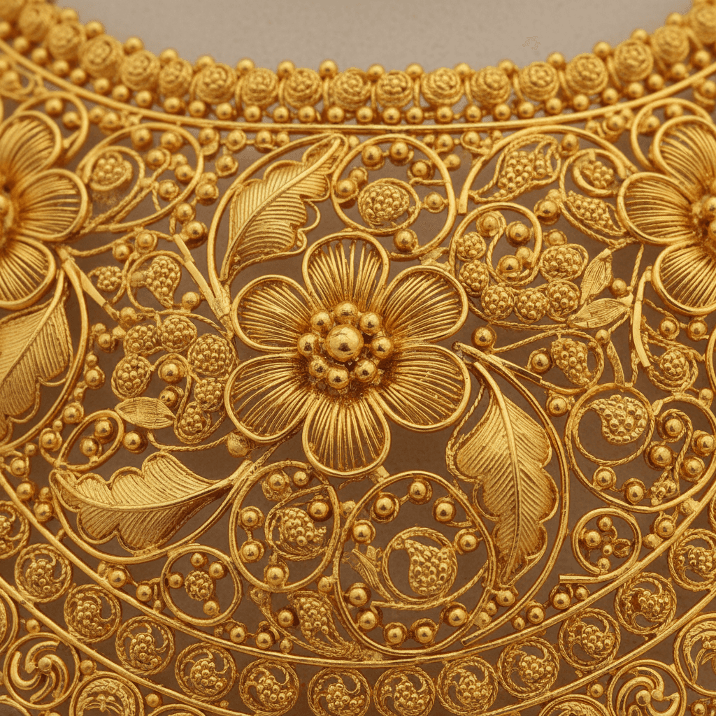 Detailed craftsmanship of handcrafted Bengali bridal jewellery